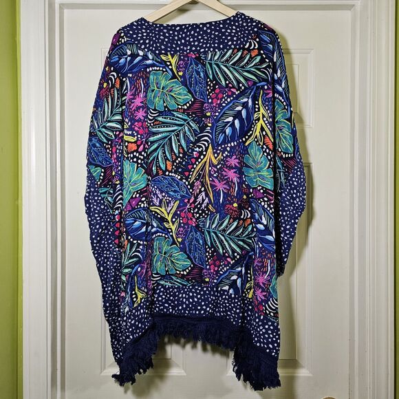Triumph Painted Leaves Kimono Kaftan Multi Blue Fringe Swim Cover Up - Picture 6 of 8